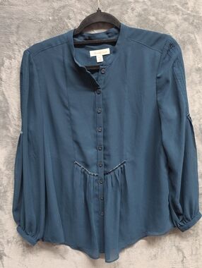 Coldwater Creek Teal Band-Collar Button-Front Blouse